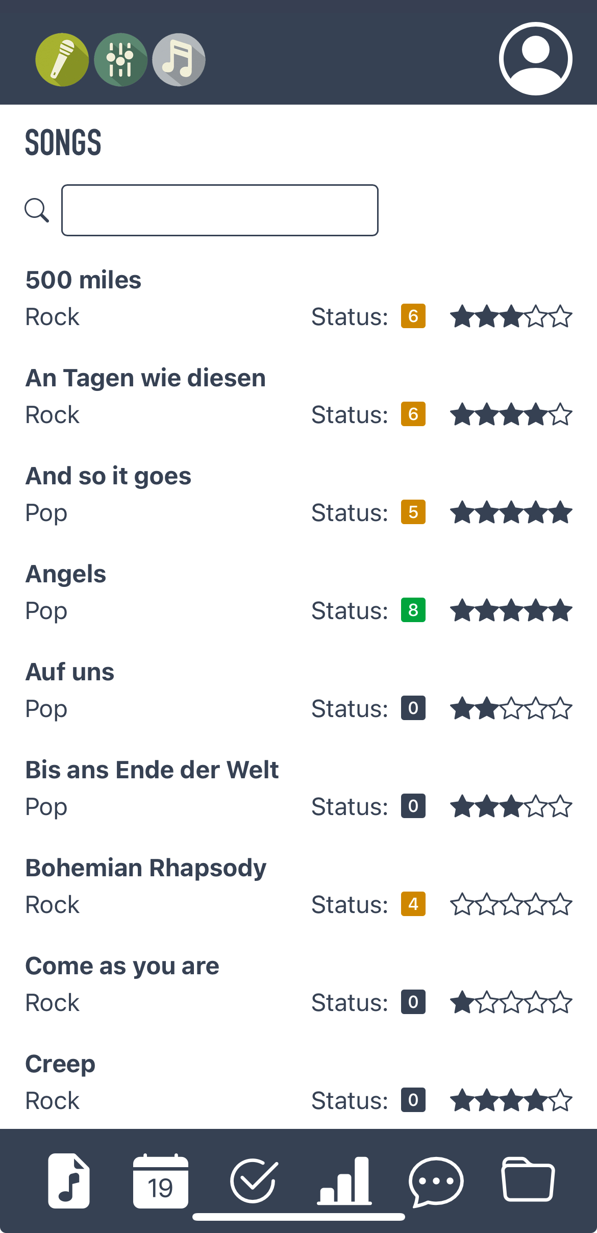 Songübersicht in der Mobile App